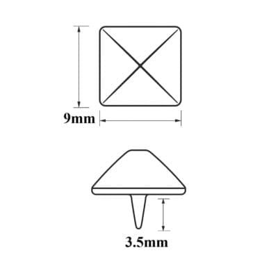 Black and white technical illustration of 9mm pyramid nail head with 3.5mm spike, showing precise measurements for leathercraft and accessory use