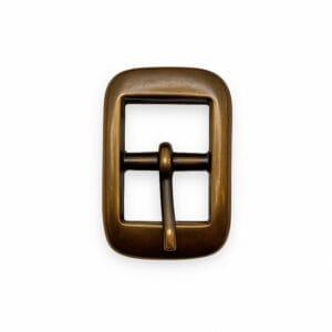 Close-up of Y1018 Center Bar Buckle in Antique Brass finish, made of zinc alloy, designed for straps. Compact, rectangular design with a center bar, photographed on a neutral background.