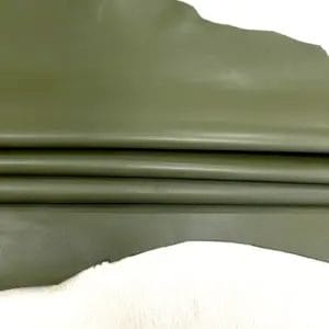 Cypress green goatskin leather hide with smooth grain and semi-gloss finish, ideal for garments, linings, and small leather goods