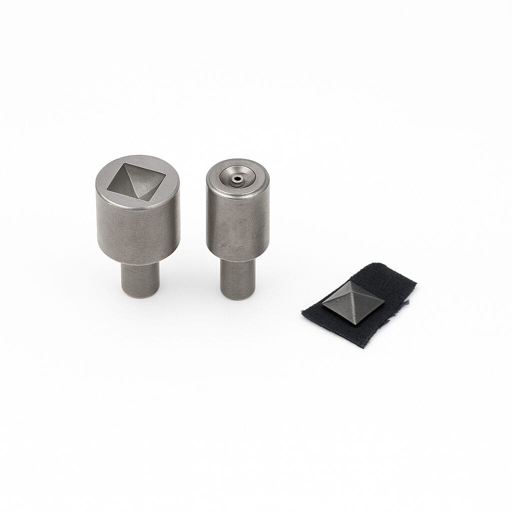 10mm Pyramid nailhead die tool set with upper and lower dies and sample nailhead on fabric – Avetco