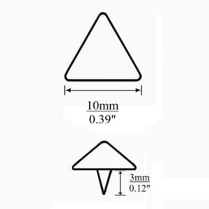 10mm Triangle Nailheads-Measurement Outline-Avetco | Avetco Leather Hides and Eva Foam Black outline diagram showing top and side views of 10mm triangle nailhead with measurement labels: 10mm width and 3mm prong height – Avetco.