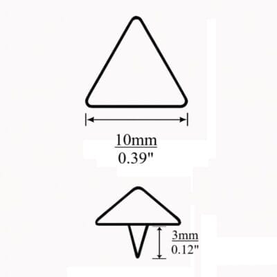 Black outline diagram showing top and side views of 10mm triangle nailhead with measurement labels: 10mm width and 3mm prong height – Avetco.