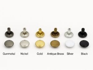 Double cap rivets in 9x8mm posts shown in Gunmetal, Nickel, Gold, Antique Brass, Silver, White, and Black finish