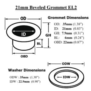Technical diagram showing dimensions of 21mm EL2 beveled grommet and washer