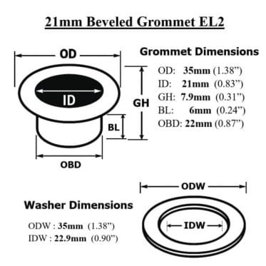 21mm Beveled Grommet EL2 | Avetco Leather Hides and Eva Foam Technical diagram showing dimensions of 21mm EL2 beveled grommet and washer
