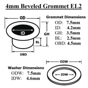 Diagram of 4mm beveled grommet EL2 with labeled dimensions for grommet and washer.