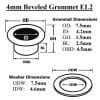 4mm Beveled Grommet EL2 Diagram-Avetco Diagram of 4mm beveled grommet EL2 with labeled dimensions for grommet and washer.-Avetco