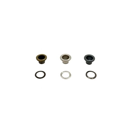 Three sets of 4mm eyelets with washers in antique brass, nickel, and gunmetal finishes on a white background, shown unassembled – model 3K secure fit