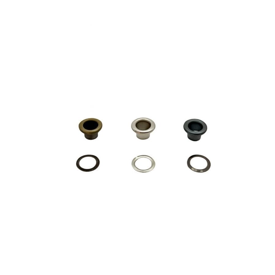 Three sets of 4mm eyelets with washers in antique brass, nickel, and gunmetal finishes on a white background, shown unassembled – model 3K secure fit