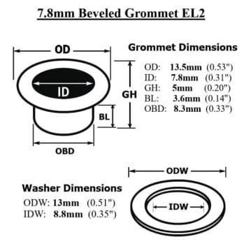 Technical diagram showing dimensions of the 7.8mm EL2 Beveled Grommet and washer, including outer diameter, inner diameter, barrel length, and height-avetco