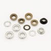 8.8mm Beveled Grommets EL2-Antique Brass and Nickel-Avetco 8.8mm EL2 beveled grommets in Antique Brass and Nickel finishes with matching washers, arranged on a white background.-Avetco