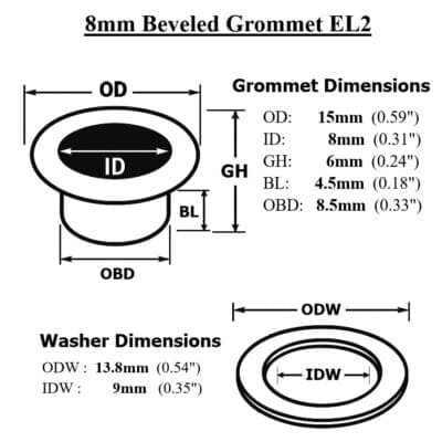 8mm Beveled Grommet EL2 diagram showing full dimensions including outer diameter, inner diameter, barrel length, grommet height, and washer size.-Avetco