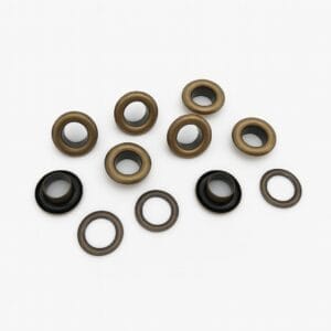 8mm EL2 beveled grommets in Antique Brass with matching washers, arranged on a white background.-avetco
