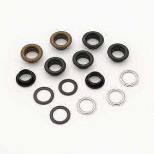 8mm beveled grommets in Antique Brass, Gunmetal, and Nickel finishes from Avetco, displayed in sets with matching washers on a white background.-avetco