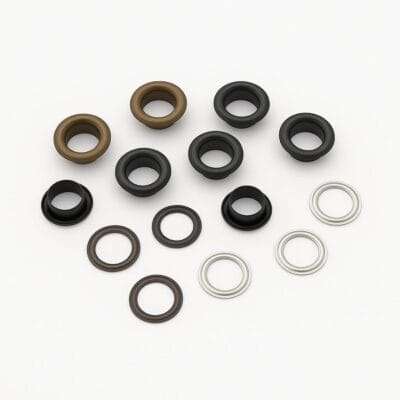 8mm beveled grommets in Antique Brass, Gunmetal, and Nickel finishes from Avetco, displayed in sets with matching washers on a white background.-avetco