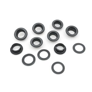 8mm EL2 beveled grommets in Gunmetal finish with washers, displayed on a white background.-avetco