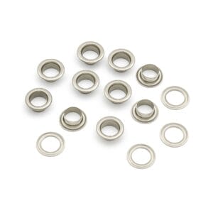 Nickel-plated 8mm EL2 beveled grommets with coordinating washers, arranged on a clean white background.-avetco