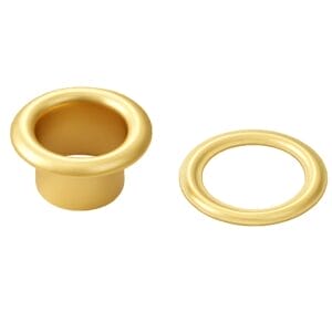 Beveled grommet and washer set in gold finish on white background.-Avetco