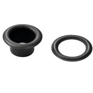 Beveled grommet and washer set in gunmetal finish on white background.