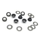 Gunmetal beveled grommets and matching washers shown on a bright white background in a stylish layout.-Avetco