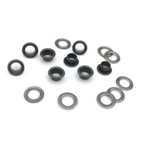 Gunmetal beveled grommets and matching washers shown on a bright white background in a stylish layout.-Avetco