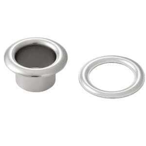 Beveled grommet and washer set in nickel finish on white background. -Avetco