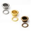 Beveled Grommets-Nickel gold antique brass-Avetco Three beveled grommet sets in nickel, gold, and antique brass finishes with matching washers on a white background. -Avetco