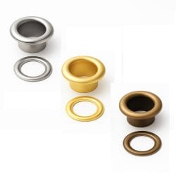 Beveled Grommets-Nickel gold antique brass-Avetco | Avetco Leather Hides and Eva Foam Three beveled grommet sets in nickel, gold, and antique brass finishes with matching washers on a white background.