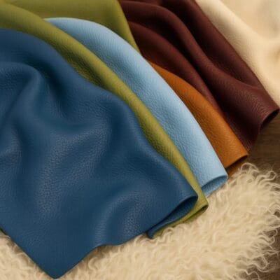 Assorted colors of Cobalt full grain cowhide side leather with pebbled texture, displayed on shearling surface
