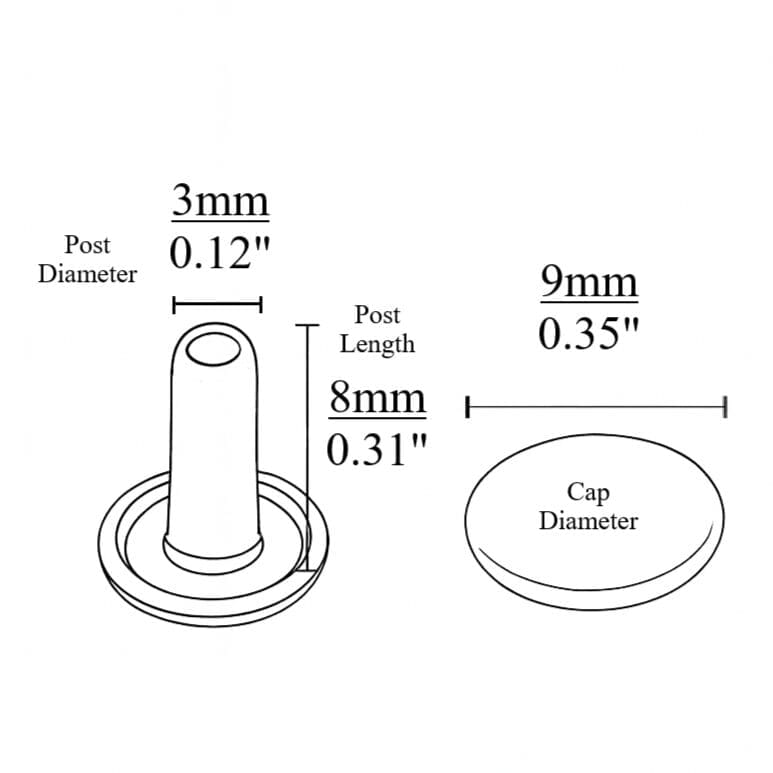 Double cap rivets in 9x 8mm posts shown in Gunmetal, Nickel, Gold, Antique Brass, Silver, White, and Black finish