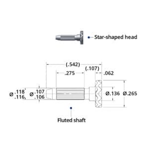Technical drawing of steel heel rivet with star-shaped head and fluted shaft, showing precise dimensions in inches.-Avetco