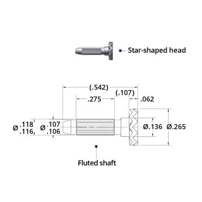 Technical drawing of steel heel rivet with star-shaped head and fluted shaft, showing precise dimensions in inches.-Avetco