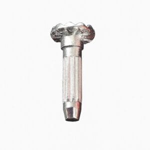 Front view of steel heel rivet with star-patterned head and fluted shaft on a white background.-Avetco