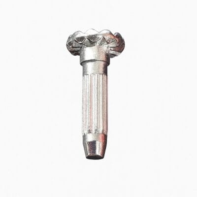 Front view of steel heel rivet with star-patterned head and fluted shaft on a white background.-Avetco