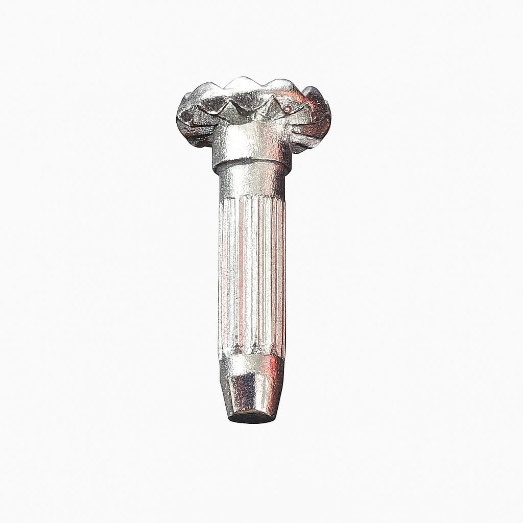 Front view of steel heel rivet with star-patterned head and fluted shaft on a white background.-Avetco