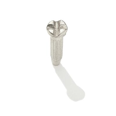 Front view of a silver heel rivet with fluted shaft and pronged head-Avetco