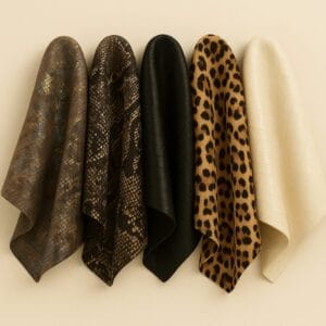 Five exotic lamb leather hides in various animal-inspired prints and textures, including snakeskin, crocodile, and leopard patterns, displayed against a neutral beige background.-Avetco