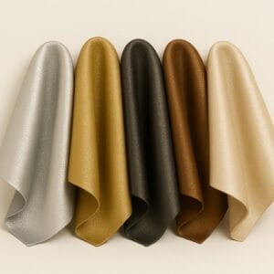 Five metallic lambskin leather hides in black, taupe, bronze, gold, and champagne tones hanging in a row against a soft beige background-Avetco