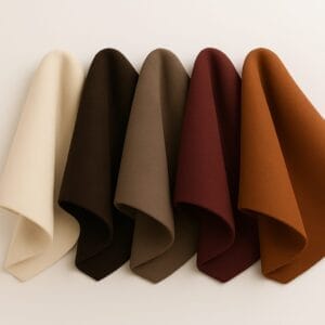 Six pieces of lamb leather in a range of warm, earthy tones—ivory, dark brown, taupe, chestnut, burgundy, and burnt orange—neatly draped in a row against a neutral background.-Avetco