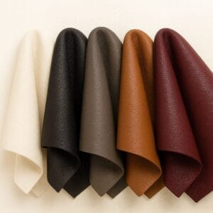 Five textured lambskin leather swatches in neutral and earth tones, including cream, brown, gray, and wine red, displayed draped side by side.-Avetco