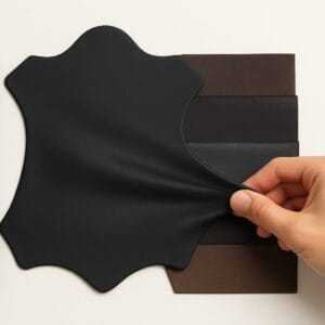 Stretch lamb leather hide in classic black, held and gently stretched to show matte finish and elasticity, with color swatches in the background.- Avetco