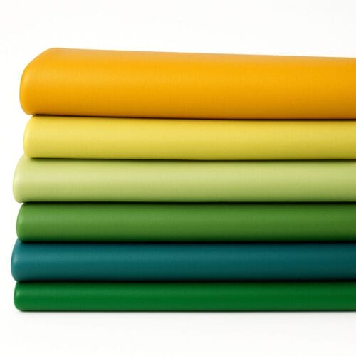 Stacked pieces of smooth full-grain cow leather in yellow and green tones, arranged on a white background, part of the Milano Collection by Avetco.