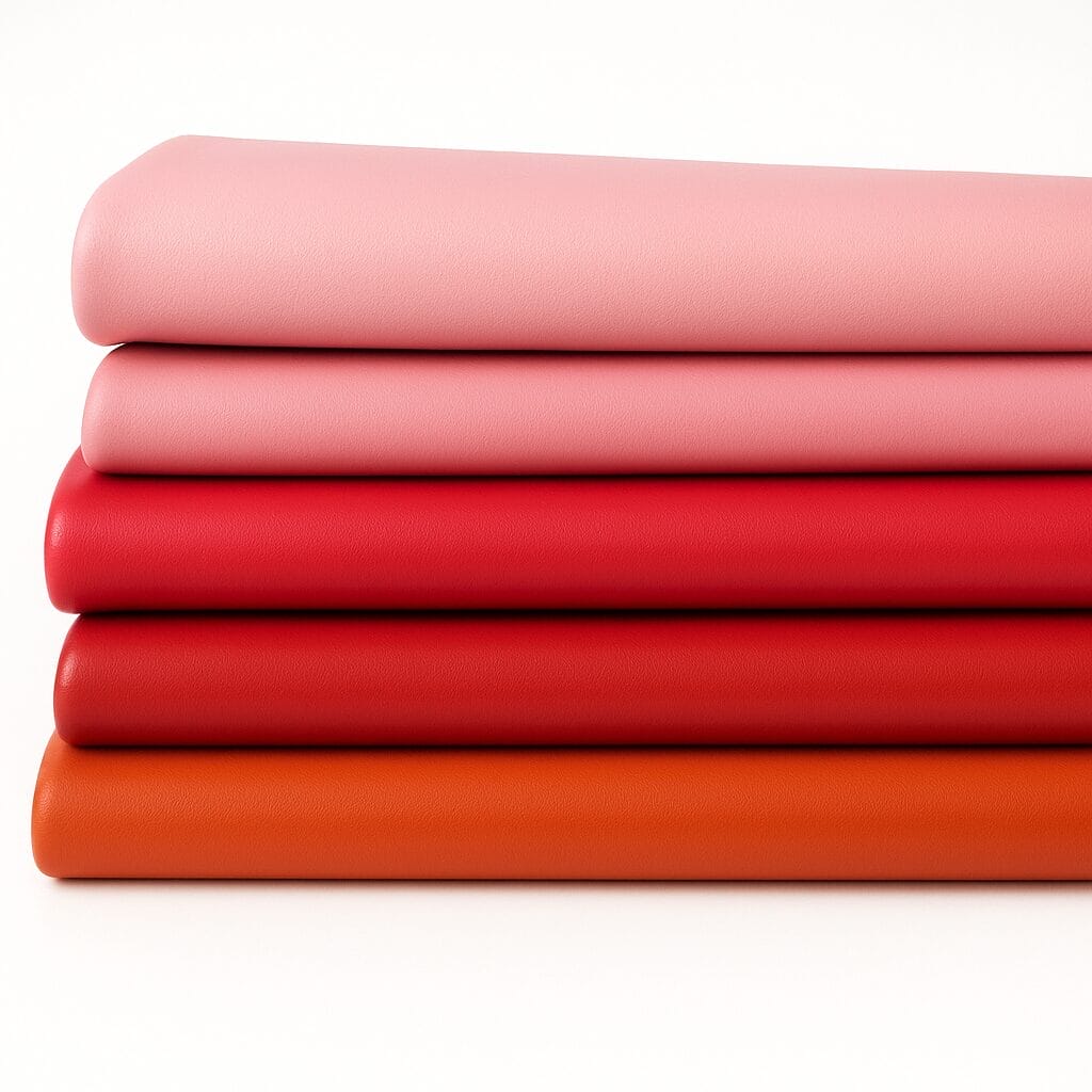 Milano-Reds Oranges and Pinks Collection Five rolls of Milano Collection smooth cowhide leather in red, orange, and pink tones, featuring natural grain and soft handfeel, laid on a white background.