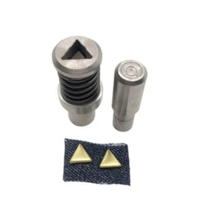 10mm Triangle Nailhead die setter tools with gold triangular nailheads attached to dark fabric swatch, shown on a white background-Avetco