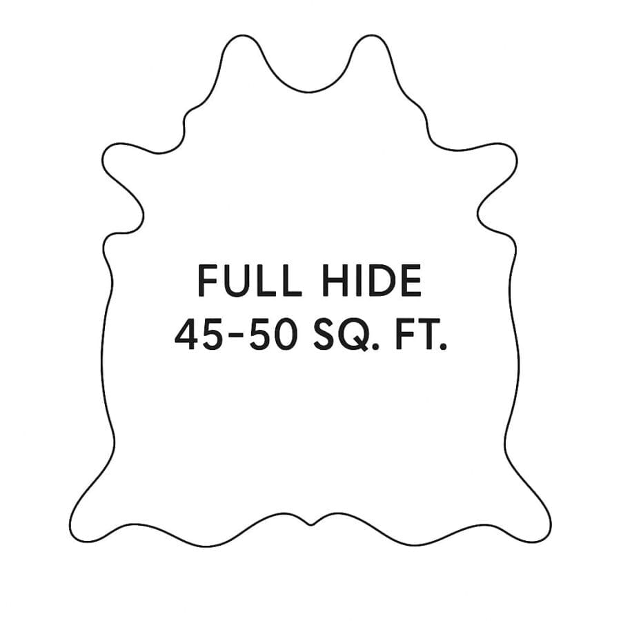 Outline drawing of a full cowhide leather hide, approximately 45–50 square feet in area.-Avetco