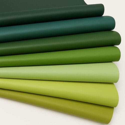 Lamb leather swatches in various green and yellow shades arranged side by side.-Avetco
