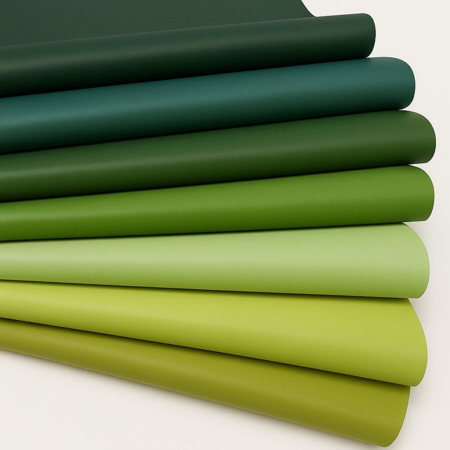 Lamb leather swatches in various green and yellow shades arranged side by side.-Avetco