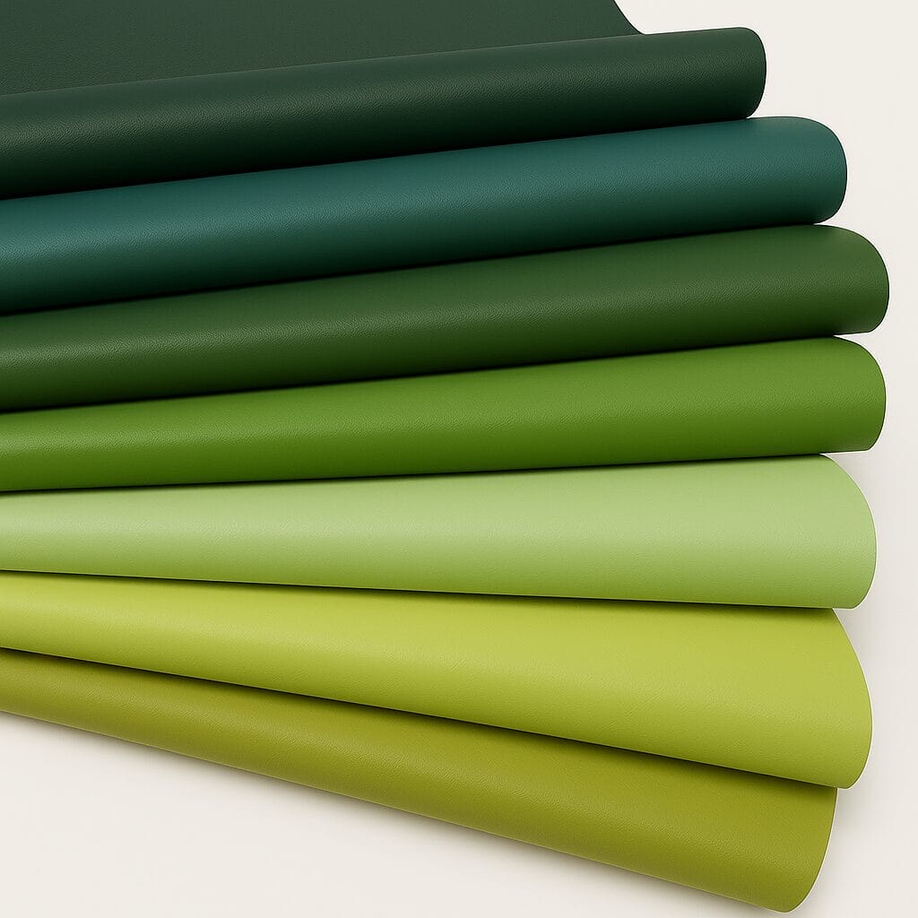SL-101 greens and yellows Lambskin 8-10 sq ft Lamb leather swatches in various green and yellow shades arranged side by side.-Avetco