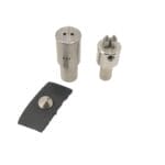 Double prong die setter with 4.5mm hole spacing, shown with top and bottom steel inserts for use in leathercraft and accessory hardware installation.