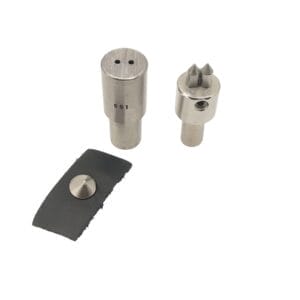 Double prong die setter with 4.5mm hole spacing, shown with top and bottom steel inserts for use in leathercraft and accessory hardware installation.